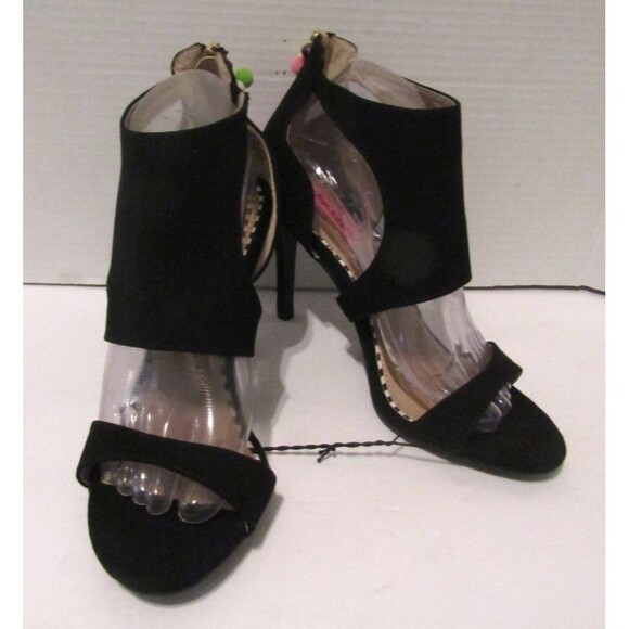 Betsey Johnson Ryan Heels Black Suede Pom Pom Stilettos Shoes NWOB Size 8.5 - Picture 2 of 8